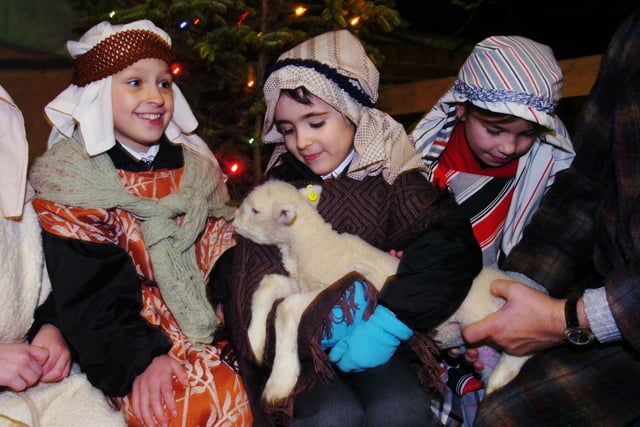 Pictured at Totley Hall Farm, Totley, Sheffield, in 2008 where children from St Peters and St Pauls school, Haydey Hill, Chesterfield were performing a Nativity play in the farm barn. Seen LtoR are Shpherds Susanna Fanton, Aryan Akhgar, and Eliah Such are seen with a lamb.