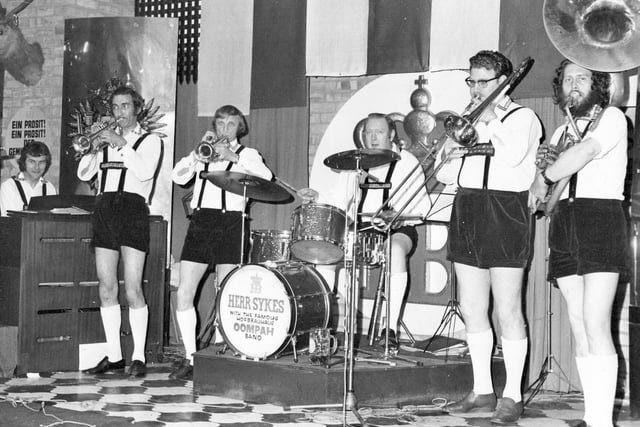 The resident oompah band at the Hofbrauhaus. Brian Slater (right of picture) also acted as compere and worked at the venue between 1973 and 1982