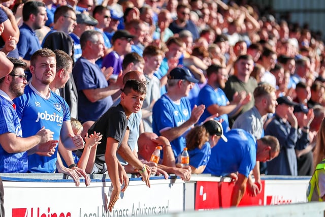 These Pompey fans, among the 2.125, who made it to AFC Wimbledon back in October attempt to lift the players.