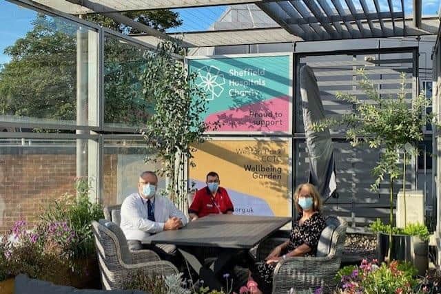 Sheffield Hospitals Charity chief executive Gareth Aston, Sheffield Teaching Hospitals chief nurse Chris Morley and research support manager Jane Fisher at the opening the newly refurbished rooftop garden at Weston Park Cancer Hospital’s Cancer Clinical Trials Centre