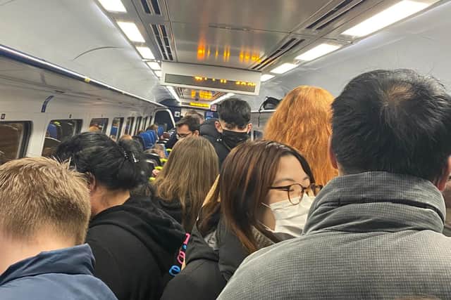 Passengers crammed into a carriage on Northern's 4.35pm Doncaster-Sheffield service, as Covid hit services on Friday (pic: @alisonelsayed/Twitter)