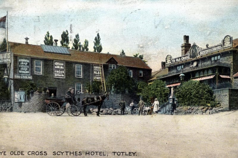 The Cross Scythes Hotel, Baslow Road, Totley, in the 1900s. More than 300 years old, it was first opened by a farmer and scythe maker named Samuel Hopkinson