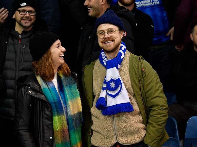11 December 2023: A happy pair of Pompey supporters ahead the club's 2-0 win over the Wanderers