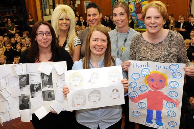 Bede Burn Primary School teaching assistants, left to right, Lisa Welsh, Karen Richardson, Natalie Kiely, Moyra Riley, Su Arthur and Jane Parkes, were pictured with thank you posters made by pupils to celebrate National Teaching Assistants Day in 2013.