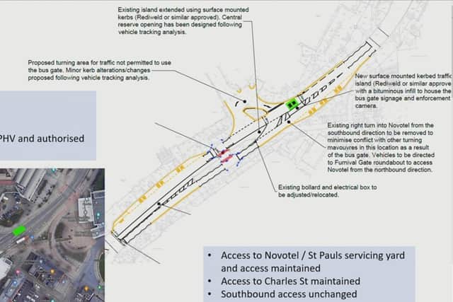 A Sheffield City Council image showing details of the planned bus gate on Arundel Gate, Sheffield city centre