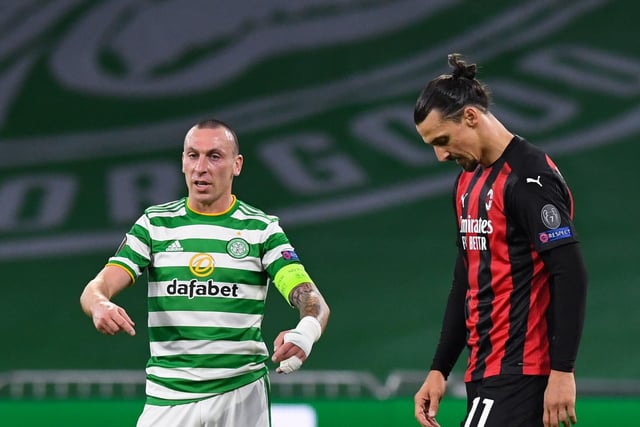 Brown and AC Milan’s Zlatan Ibrahimovic during the UEFA Europa League match between Celtic and AC Milan at Parkhead in October 2020