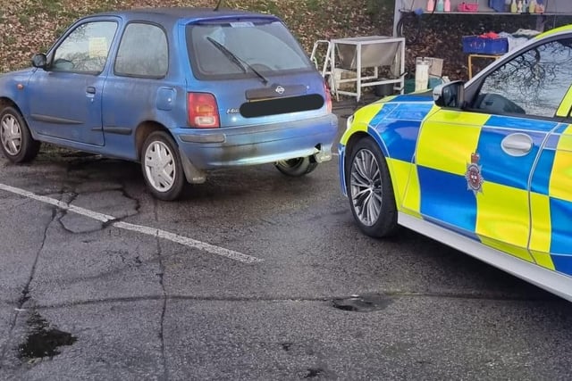 This Nissan Micra was seized in Tupton when it was discovered the driver was banned until 2028. 
Police tweeted: "Court date. Car to the crusher."