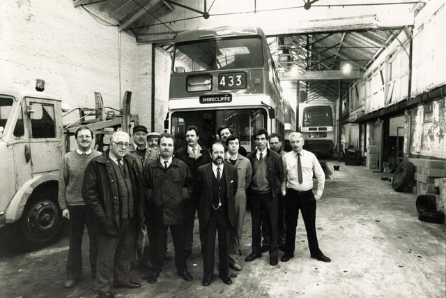 Staff of the Sheaf Line Bus Company who run their business from the Old Tram Depot, Attercliffe Common, where the building is under a compulsory purchase order from the council, 1988