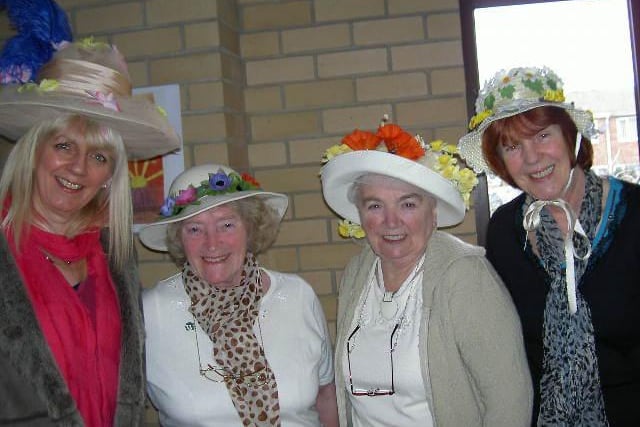 Winning smiles from the winners of the Easter Bonnet competition held  in 2008. Bessie Watts 2nd right  taking first place.  The competition was judged by Margaret Maxfield
