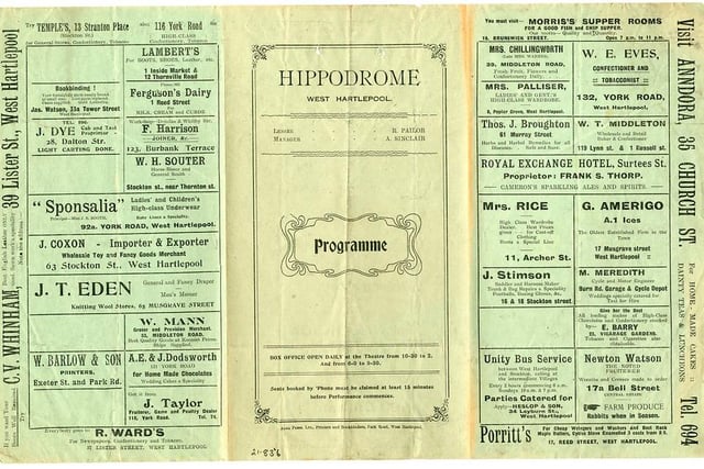 A programme from the Hippodrome in Lambton Street in 1926 the year that it opened. It closed in 1937. Photo courtesy of the Hartlepool Museum Service.