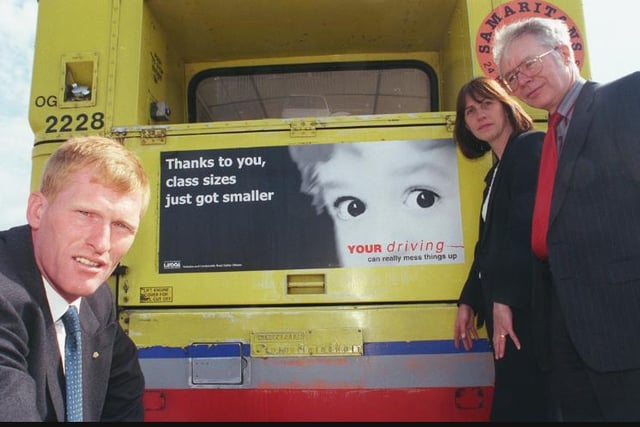 Launch of a new road safety campaign in 1999. Mike Stanley, Sandra Crofts and Peter Oliver.