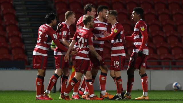 Rovers celebrate after Brad Halliday's goal against Gillingham. Picture: Andrew Roe/AHPIX