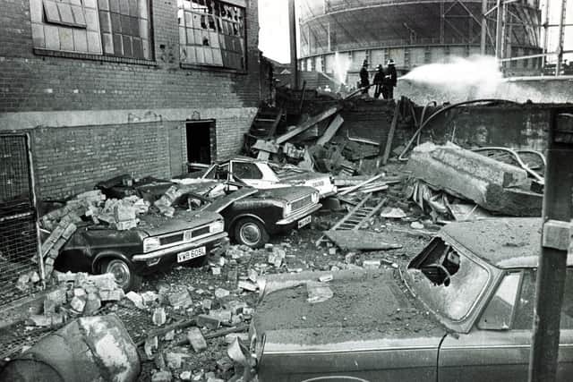 Cars covered in rubble after an explosion at Effingham Street Gas Works, Sheffield in October 1973 that killed six men