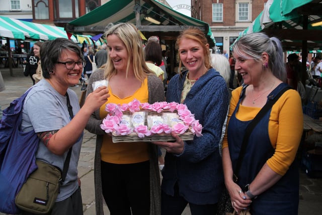 Smelling the vegan candles at Chesterfield market in 2019 were Clara Oliver, Tracy Morton, Kirsty Siddall and Rachel Croft.