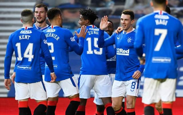 Ryan Jack celebrates after scoring to make it 4-0 Rangers during a Scottish Premiership match between Rangers and Ross County at Ibrox, on January 23, 2021, in Glasgow, Scotland. (Photo by Rob Casey / SNS Group)