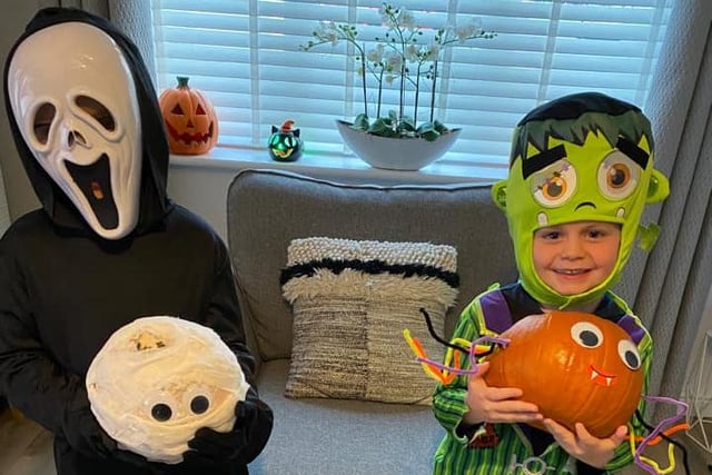 Teddy, age 6, and Oscar, age 4, show off their pumpkins!