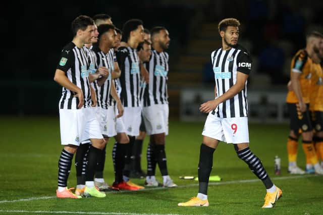 NEWPORT, WALES - SEPTEMBER 30: Joelinton of Newcastle United reacts to having his penalty saved after taking his sides second penalty during the penalty shoot out during the Carabao Cup fourth round match between Newport County and Newcastle United at Rodney Parade on September 30, 2020 in Newport, Wales. Football Stadiums around United Kingdom remain empty due to the Coronavirus Pandemic as Government social distancing laws prohibit fans inside venues resulting in fixtures being played behind closed doors. (Photo by Nick Potts - Pool/Getty Images)