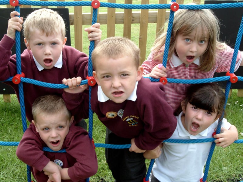 Delighted foundation stage pupils Dylan Tewson, Isabella Palfreyman, Taylor Bagshaw, George Berry and Chloe Baird celebrate the arrival of the Mansfield school's new adventure playground.