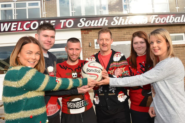 Kayleigh Dodd, Steven Wytcherly,arrie Smith, Carl Ferguson, Alisha Henry and Sam Crutwell were supporting Jolly Jumper Day at South Shields Football Club in 2016.