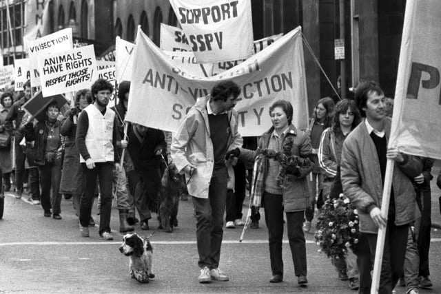 World Day for Laboratory Animals hold a demonstration against animal experiments/animal cruelty in Edinburgh in April 1983.