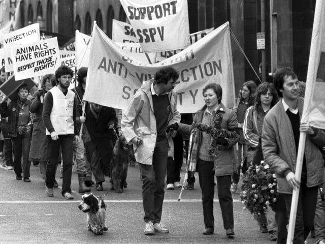 World Day for Laboratory Animals hold a demonstration against animal experiments/animal cruelty in Edinburgh in April 1983.