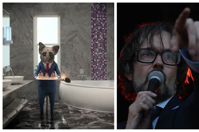 Jarvis Cocker and his character in Netflix film The House (pics: Netflix and Matt Cardy/Getty Images)
