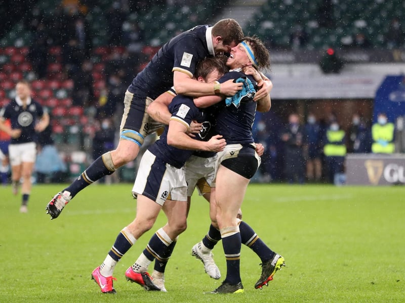 Scotland's Hamish Watson, Scott Cummings and Scott Steele celebrate after during the Guinness Six Nations match at Twickenham Stadium, London Photograph by David Davies/PA Wire
