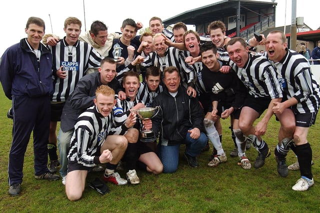Hayling United celebrate with the Len Day Cup after victory at Cams Alders, 2005. Picture: Mick Young