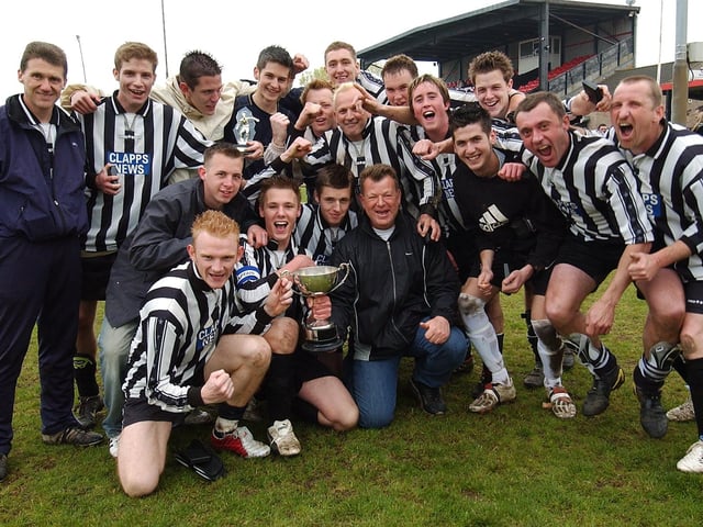 Hayling United celebrate with the Len Day Cup after victory at Cams Alders, 2005. Picture: Mick Young