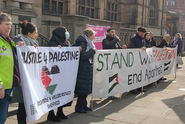 Supporters of the Sheffield Coalition Against Israeli Apartheid protesting outside a Sheffield City Council meeting that considered a 7,500-name petition in support of the people of Gaza. Picture: Jonny Feldman