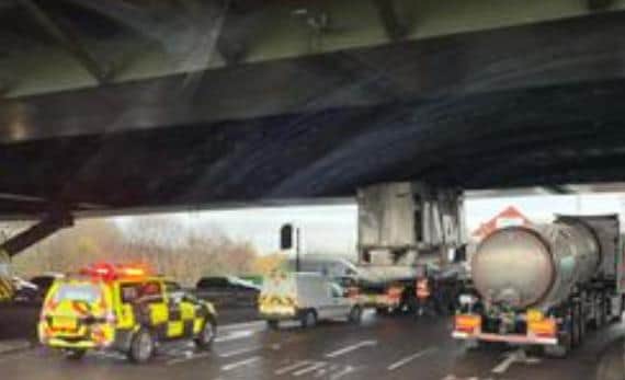 A lorry was stuck under Tinsley viaduct this morning, in Sheffield