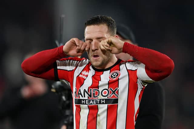 Billy Sharp of Sheffield United, simulates crying as he taunts fans of Wrexham: Michael Regan/Getty Images