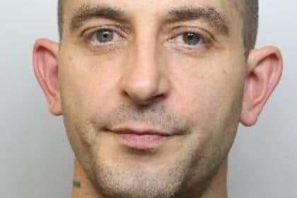 Pictured is Lee Cooper, aged 39, of Main Street, Aughton, Sheffield, who was sentenced to three-and-a-half years of custody after he pleaded guilty to affray, threatening another with a knife, assaulting an emergency worker and attempting to escape from police.