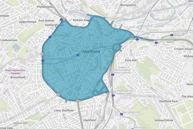 A map showing the clean air zone in Sheffield.