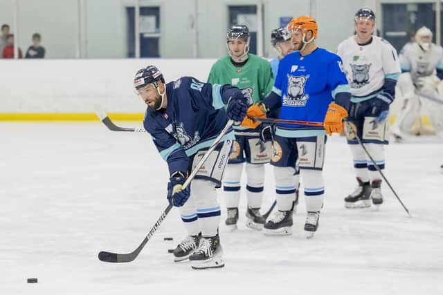 Jason Hewitt (left), pictured on the Ice Sheffield ice with former Sheffield Steelers' team-mates Liam Kirk (second left) and Rob Dowd (third left)