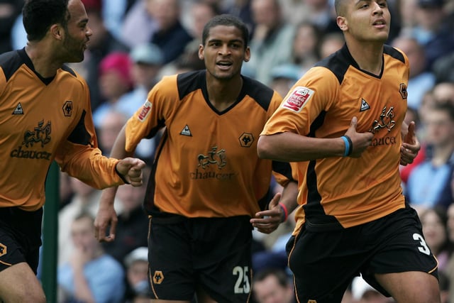 Leon Clarke (R) celebrates after opening the scoring for Wolves during the Coca Cola Football league Championship match between Coventry City and Wolverhampton Wanderers at Highfield Road on April 16, 2005 (Photo by Stu Forster/Getty Images)