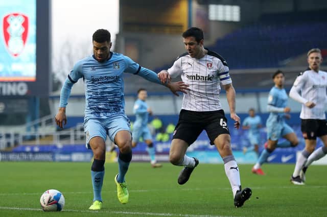 Coventry City's Maxime Biamou (left) and Rotherham United's Richard Wood battle for the ball during the Sky Bet Championship match at St Andrews Trillion Trophy Stadium, Birmingham.