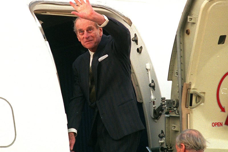 HRH The Duke of Edinburgh waves goodbye after his official visit to Sheffield City airport.