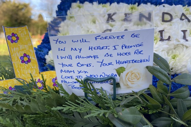 Poignant words from Nicola's mum Jacqui on her flowers. Picture by Frank Reid