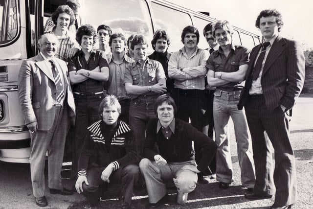 Pictured at Abbeydale Park, Sheffield, where the Sheffield Football Club team are seen about to board the coach that will take them to their FA Vase final at Wemley - 29th April 1977