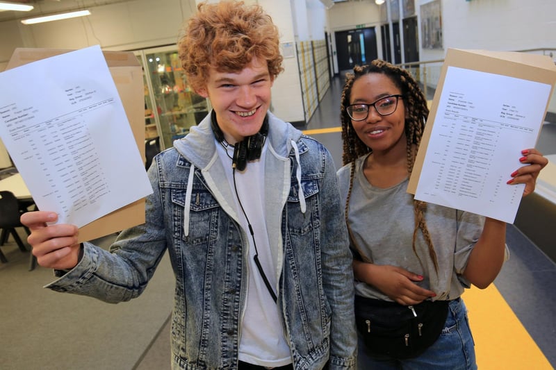 A-level results day 2018 at UTC Sheffield City Centre. Pictured are Frazer McLean and Charlotte Cass.
