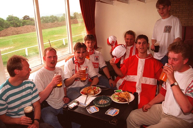 Danish soccer fans enjoy their first taste of Sheffield hospitality at Sheffield Tigers Rugby Club, Dore