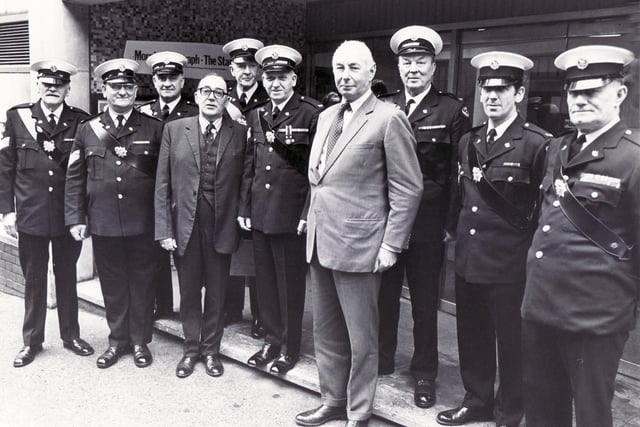 Major General Sir James d'Avigdor-Goldsmid (Chairman of Governors of Corps of Commissionaires) visited Sheffield Newspapers Limited where he presented a long service award to Commissionaire, Sgt Bill Green on April 1, 1981