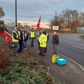 Pickets at the Stagecoach depot at Rother Valley Way, Holbrook, Sheffield. Drivers are on strike, but when will the strike and and what do drivers want?