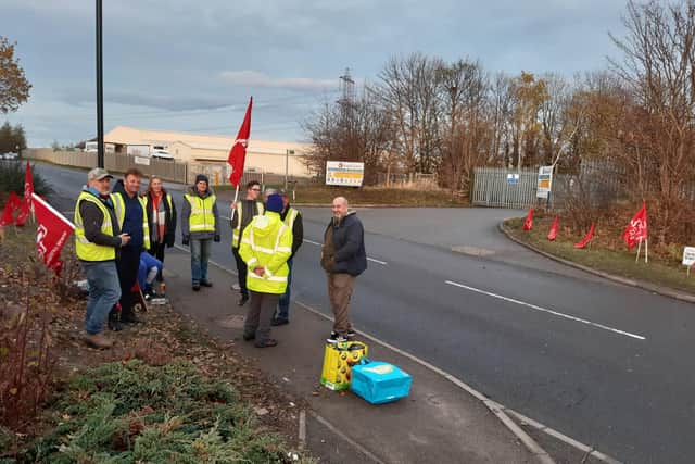 Pickets at the Stagecoach depot at Rother Valley Way, Holbrook, Sheffield. Drivers are on strike, but when will the strike and and what do drivers want?