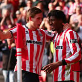 Sheffield, England, 21st March 2026. Andre Brooks of Sheffield United celebrates with Sydie Peck of Sheffield United after scoring to make it 1-0 during the Sheffield United vs Wrexham Sky Bet Championship match at Bramall Lane, Sheffield. Picture credit should read: Jake Youle / Sportimage