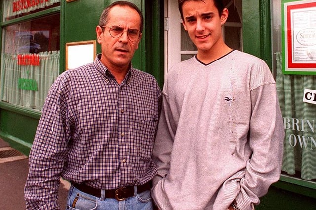 Seen is Luigi Migliore, with his son Vincenzo Migliore, at the Trattoria Restaurant, Northfield Road, Crookes, August 1996