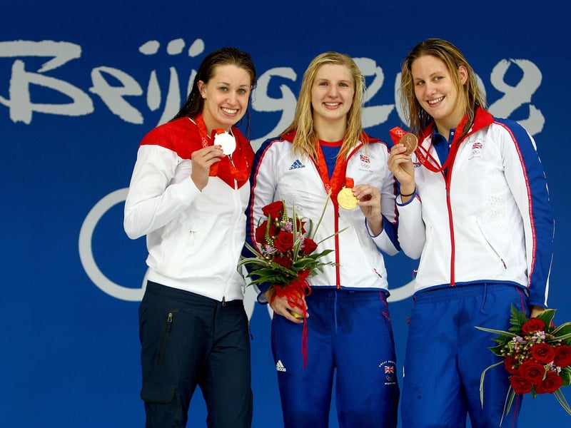 Silver medalist Katie Hoff, gold medalist Rebecca Adlington and bronze medalist Joanne Jackson of Great Britain stand on the podium during the medal ceremony for the 400m Freestyle.