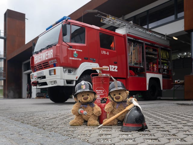 John James the teddy bear as honorary members of the local fire department in Austria. 
These adorable teddy bears could be the world's most well-travelled cuddly toys - as their photographer owner has chronicled their adventures in 27 different countries. Christian Kneidinger, 57, has been travelling with his teddy bears, named John and Bob since 2014 - and his taken them to some of the world's most famous landmarks. The teddy bears have dressed up in traditional Emirati clothing to visit the Sultan's Palace in Oman, and have braved the cold on a glacier on Lofoten Island in Norway.