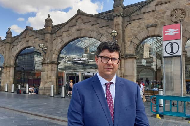 Henri Murison, Chief Executive of the Northern Powerhouse Partnership, outside Sheffield rail station today, July 20, 2026. He joined SY Mayor Oliver Coppard in criticising rail company EMR. Picture: Julia Armstrong, LDRS